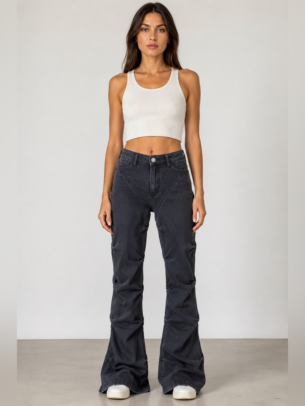 Maniere De Voir Ruched Tacked Flare Jeans 26 High Rise Sculptural Black